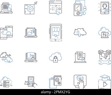 Computer and devices outline icons collection. Computer, Devices, Laptop, Desktop, Printer, Monitor, Scanner vector and illustration concept set Stock Vector