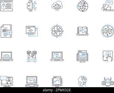 Web programming outline icons collection. Web, programming, HTML, CSS, JavaScript, AJAX, XML vector and illustration concept set. PHP, MySQL, JQuery Stock Vector