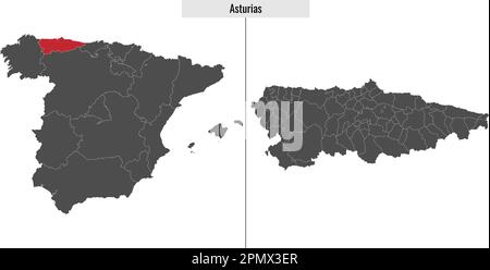 map of Asturias autonomous community of Spain and location on Spanish map Stock Vector