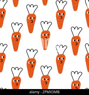 Seamless doodle funny carrots pattern. Scandinavian endless pattern with line art decorations. Stock Vector
