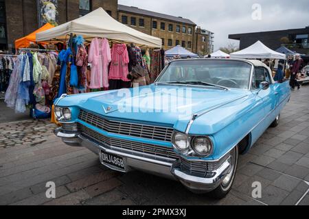 London, UK.  15 April 2023. A vintage Cadillac on show at the Classic Car Boot Sale in Granary Square, King’s Cross.  The event celebrates all things vintage, from fashion and jewellery to homeware and vinyl records, against a backdrop of vintage vehicles.  Credit: Stephen Chung / Alamy Live News Stock Photo