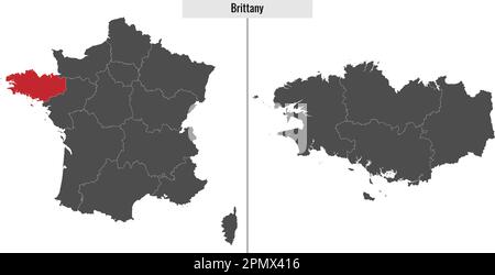 map of Brittany region of France and location on French map Stock Vector