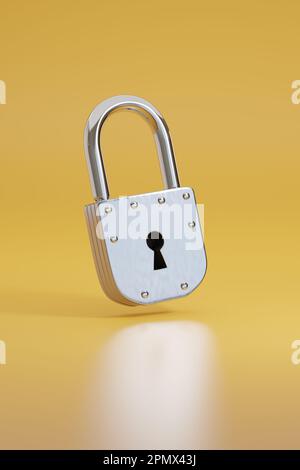 Closed padlock isolated on yellow background. 3d illustration. Stock Photo