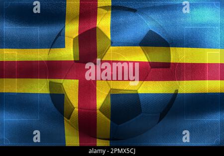 A photo of a waving Aland Islands flag with a football ball-shaped outline in the center Stock Photo