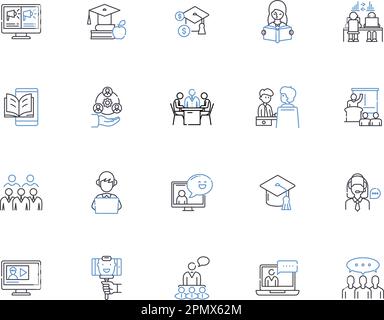 Teaching outline icons collection. Tutor, Instruct, Educate, Guide, Coach, Direct, Lecture vector and illustration concept set. Mentor, School, Teach Stock Vector