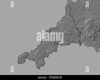 Cornwall, administrative county of England - Great Britain. Bilevel elevation map with lakes and rivers Stock Photo