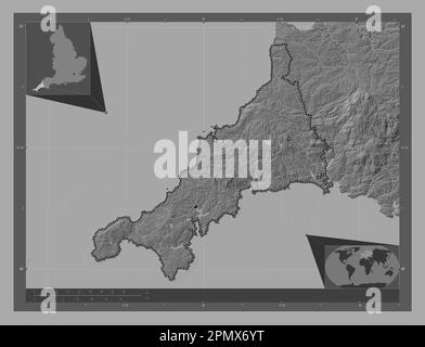 Cornwall, administrative county of England - Great Britain. Bilevel elevation map with lakes and rivers. Corner auxiliary location maps Stock Photo