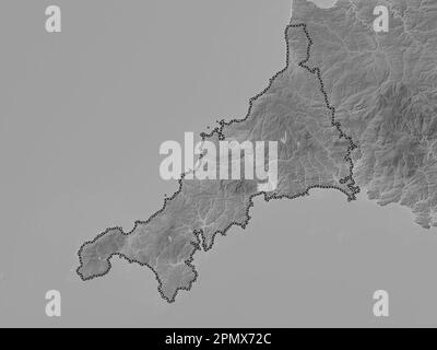 Cornwall, administrative county of England - Great Britain. Grayscale elevation map with lakes and rivers Stock Photo