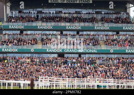 Packed Earl of Derby Grandstand at The Randox Grand National festival 2023 Grand National Day at Aintree Racecourse, Liverpool, United Kingdom, 15th April 2023  (Photo by Conor Molloy/News Images) Stock Photo