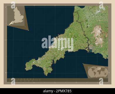 Cornwall, administrative county of England - Great Britain. High resolution satellite map. Corner auxiliary location maps Stock Photo