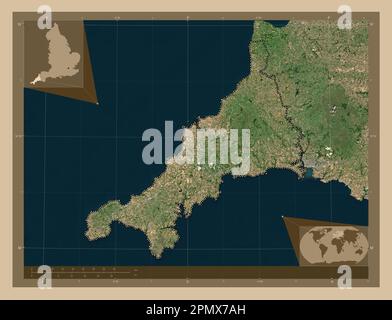 Cornwall, administrative county of England - Great Britain. Low resolution satellite map. Corner auxiliary location maps Stock Photo