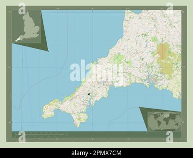 Cornwall, administrative county of England - Great Britain. Open Street Map. Corner auxiliary location maps Stock Photo