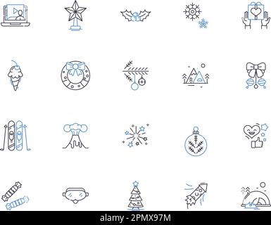 Winter holidays outline icons collection. Christmas, New Year, Snow, Skiing, Reindeer, Elves, Sleigh vector and illustration concept set. Frost Stock Vector