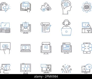 Media corporation outline icons collection. Media, Corporation, Publishing, News, Print, Digital, Network vector and illustration concept set Stock Vector