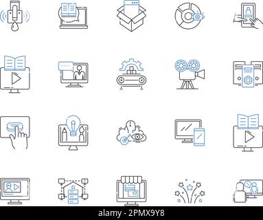 Media technologies outline icons collection. Multimedia, Broadcasting, Streaming, Video, Audio, Graphics, Webcast vector and illustration concept set Stock Vector