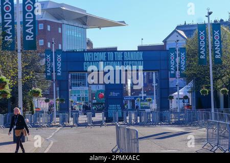 Aintree, Liverpool, UK. 15th Apr 2023. Animal Rising Protesters with placards carry out a peaceful protest outside the racecourse main entrance against the running of The Grand National and with plans to halt the running of the race. Credit: Mark Lear / Alamy Live News Stock Photo