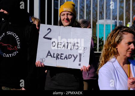 Aintree, Liverpool, UK. 15th Apr 2023. Animal Rising Protesters with placards carry out a peaceful protest outside the racecourse main entrance against the running of The Grand National and with plans to halt the running of the race. Credit: Mark Lear / Alamy Live News Stock Photo