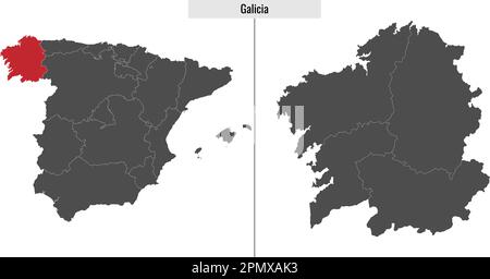 map of Galicia autonomous community of Spain and location on Spanish map Stock Vector