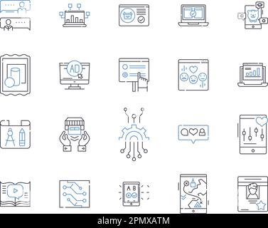 machine learning outline icons collection. machine, learning, AI, neural, networks, algorithm, data vector and illustration concept set. prediction Stock Vector