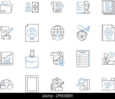 Document processing outline icons collection. Documentation, Processing, Editing, Scanning, Creating, Sharing, Formatting vector and illustration Stock Vector