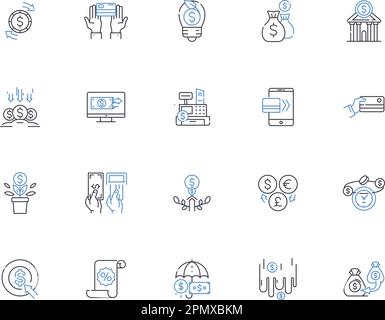 Payment outline icons collection. Fee, Remittance, Tribute, Dues, Spend, Compensation, Stipend vector and illustration concept set. Conferment, Yield Stock Vector