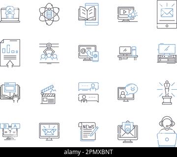 Media technologies outline icons collection. Multimedia, Broadcasting, Streaming, Video, Audio, Graphics, Webcast vector and illustration concept set Stock Vector