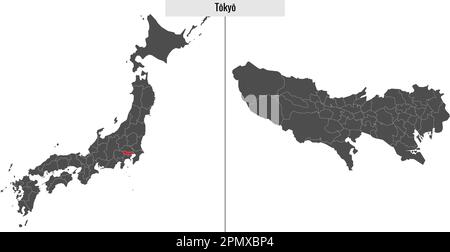 map of Tokyo prefecture of Japan and location on Japanese map Stock Vector