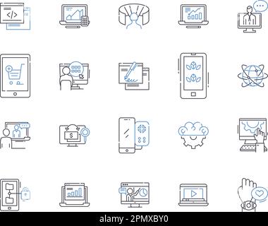 Gadjets and computers outline icons collection. Gadgets, Computers, Technology, Electronics, Hardware, Laptops, Desktops vector and illustration Stock Vector