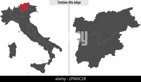 map of Trentino-Alto Adige province of Italy and location on Italian map Stock Vector