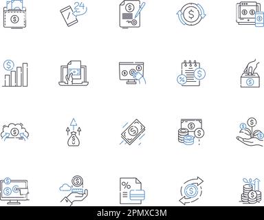 Payment outline icons collection. Fee, Remittance, Tribute, Dues, Spend, Compensation, Stipend vector and illustration concept set. Conferment, Yield Stock Vector