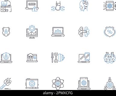 Server outline icons collection. Server, Hosting, Servers, Web-Server, Database, DNS, Virtual vector and illustration concept set. Rack, Cloud, Linux Stock Vector