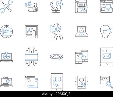 Apps and hardware outline icons collection. app, hardware, software, operating system, smartphone, tablet, laptop vector and illustration concept set Stock Vector