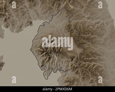 Cumbria, administrative county of England - Great Britain. Elevation map colored in sepia tones with lakes and rivers Stock Photo