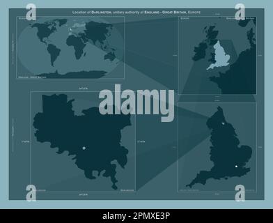 Darlington, unitary authority of England - Great Britain. Diagram showing the location of the region on larger-scale maps. Composition of vector frame Stock Photo