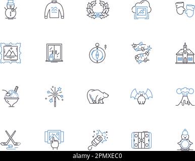 Winter holidays outline icons collection. Christmas, New Year, Snow, Skiing, Reindeer, Elves, Sleigh vector and illustration concept set. Frost Stock Vector