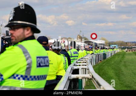 Liverpool, UK. 15th Apr, 2023. Policemen line the railings at The Randox Grand National festival 2023 Grand National Day at Aintree Racecourse, Liverpool, United Kingdom, 15th April 2023 (Photo by Conor Molloy/News Images) in Liverpool, United Kingdom on 4/15/2023. (Photo by Conor Molloy/News Images/Sipa USA) Credit: Sipa USA/Alamy Live News Stock Photo