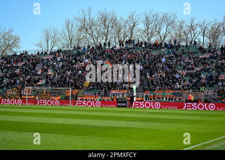 Venice, Italy. 15th Apr, 2023. Palermo's Fan during warmup during the Italian Serie BKT soccer match Venezia FC vs Palermo FC at the Pier Luigi Penzo stadium in Venice, Italy, 15 April 2023 Credit: Independent Photo Agency/Alamy Live News Stock Photo