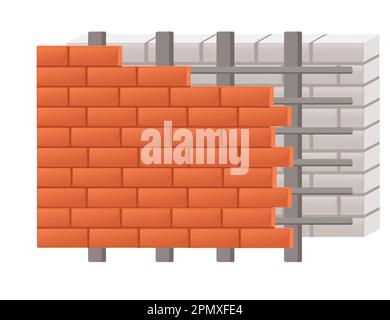 Brickwork red facade bricks and bearing wall from grey bricks vector illustration on white background Stock Vector