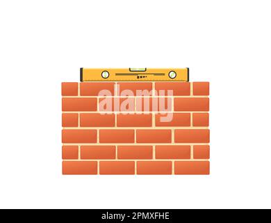 Brickworks with high quality red bricks and level tool vector illustration on white background Stock Vector