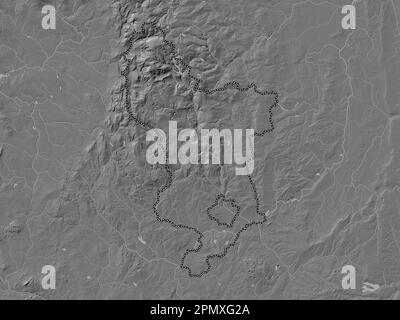 Derbyshire, administrative county of England - Great Britain. Bilevel elevation map with lakes and rivers Stock Photo