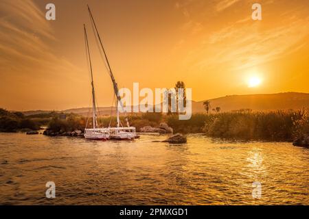 Sailboats on the river Nile at sunset in Egypt Stock Photo