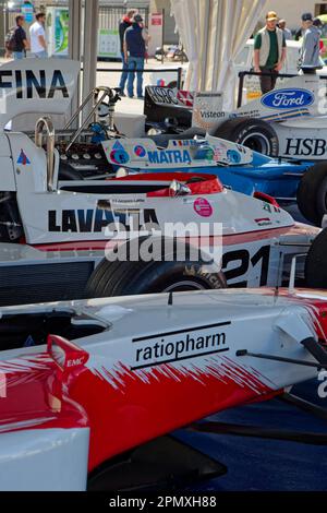 LE CASTELLET, FRANCE, April 7, 2023 : Outdoor museum of old F1 cars in the paddock during the fifth French Historic Grand Prix on Circuit Paul Ricard Stock Photo