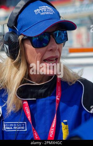 LE CASTELLET, FRANCE, April 9, 2023 : Portrait of a marshall woman during the fifth French Historic Grand Prix on Circuit Paul Ricard Stock Photo