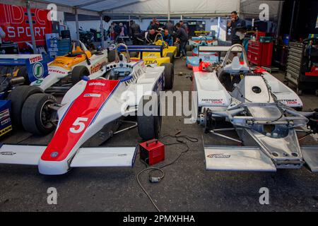 LE CASTELLET, FRANCE, April 9, 2023 : Historic formula 3 racing cars in the paddock during the fifth French Historic Grand Prix on Circuit Paul Ricard Stock Photo