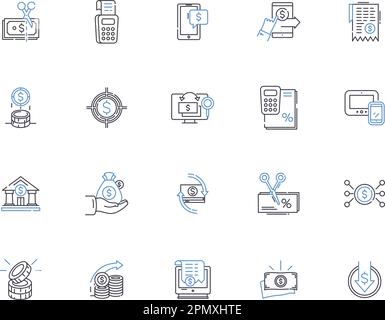 Payment outline icons collection. Fee, Remittance, Tribute, Dues, Spend, Compensation, Stipend vector and illustration concept set. Conferment, Yield Stock Vector