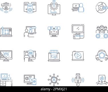 Media corporation outline icons collection. Media, Corporation, Publishing, News, Print, Digital, Network vector and illustration concept set Stock Vector