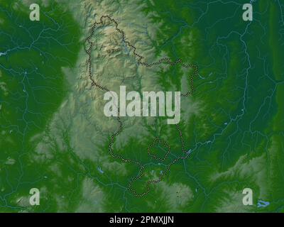 Derbyshire, administrative county of England - Great Britain. Colored elevation map with lakes and rivers Stock Photo