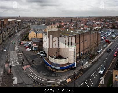 HARROGATE, UK - APRIL 15, 2023.  An aerial cityscape of the art deco style architecture of the old Odeon Cinema building in Harrogate town centre Stock Photo