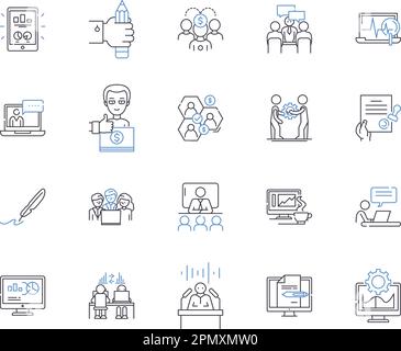 Working team outline icons collection. Collaborative, Unit, Cooperative, Productive, Efficient, Effective, Unified vector and illustration concept set Stock Vector