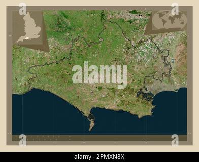 Dorset, administrative county of England - Great Britain. High resolution satellite map. Corner auxiliary location maps Stock Photo